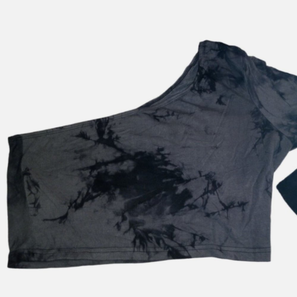 Women’s One Shoulder Crop Top XL Black Gray Tie Dye Asymmetrical Long Sleeve - Picture 8 of 10